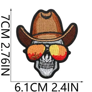 Western cowboy skull embroidered patch showing size dimensions 7cm by 6.1cm for jacket decoration
