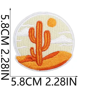 Detailed view of circular cactus desert embroidery patch with 5.8cm dimensions