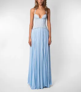 Elegant light blue pleated floor-length evening dress with a lace halter bodice.