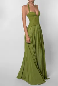 Elegant olive green halter neck maxi dress with pleated skirt and lace bodice detail
