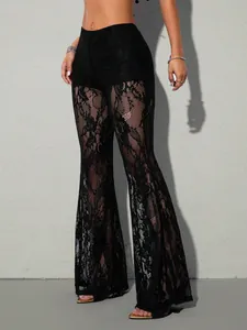 Elegante sexy schwarze halbtransparente kanten Schlaghose mit hoher Taille für Damen