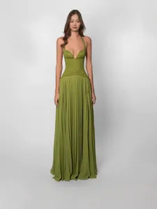 Halter Backless Sexy Maxi Dress Pleated Lace Corset Deep V Neck Long Dress For Women Party Evening Banquet