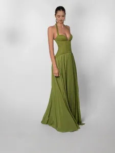 Elegant olive green halter neck lace corset pleated maxi dress with backless design