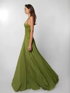 Elegant olive green pleated halter maxi dress featuring a lace corset style bodice