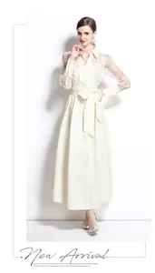 Elegant retro Polo neck ivory maxi dress with floral lace embroidery and textured skirt