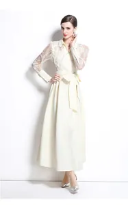 Elegant off-white long dress featuring polo collar, lace sleeves and a waist tie