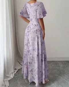 Back view of a purple floral maxi dress with elegant butterfly print and flutter sleeves