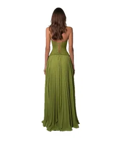 Elegant olive green evening corset back maxi dress with a pleated long skirt for women