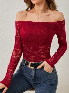 Haut en Dentelle Élégant pour Femmes Épaules Dénudées Polyamide Coupe Slim Manches Longues Bord Festonné Chemise en Dentelle pour Rendez-vous Femme