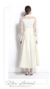 Back view detail of the cream mesh embroidery texture dress with elegant Polo collar