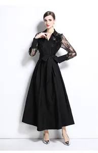 Elegant black lace embroidery Polo collar maxi dress with textured fabric detail