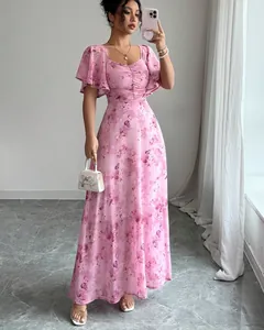 Elegant pink floral maxi dress with ruffle sleeves and slim fit design for women