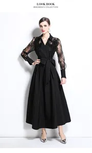 Elegant black maxi dress detailed with mesh embroidery and sophisticated Polo collar