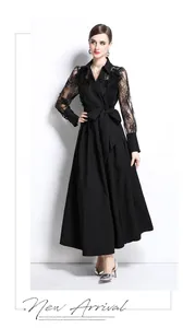 Elegant black Polo collar maxi dress with lace embroidery sleeves and waist tie belt