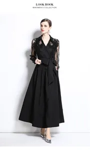 Elegant black polo collar long dress with delicate lace embroidery and textured fabric