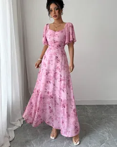 Elegant pink floral maxi dress with flutter sleeves and a flattering slim waist design.