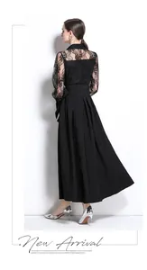 Elegant black maxi dress with Polo collar and intricate lace embroidery mesh details