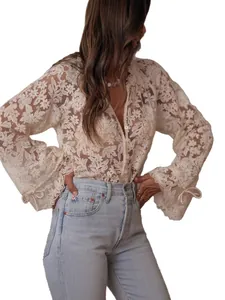 Elegant beige floral lace hollow out long sleeve button-up blouse for women