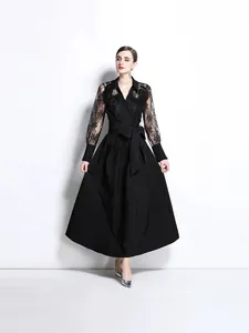Elegant black maxi dress with Polo collar and exquisite lace embroidered mesh sleeves.