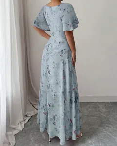 Detailed back view of a light blue floral long dress with elegant ruffle sleeves
