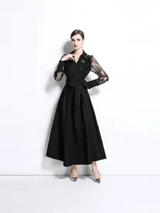 Elegant black vintage Polo collar long dress with lace embroidery and textured fabric finish