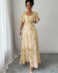 Elegant yellow floral print maxi dress with feminine ruffle sleeves and square neckline