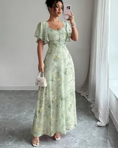Elegant light green maxi dress featuring a vintage floral and butterfly print with flutter sleeves