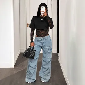 Sexy black lace bodysuit with long sleeves and black knitted crop top two-piece outfit