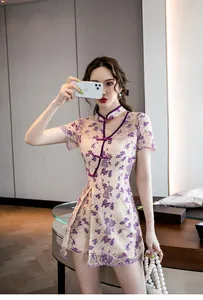 Detailed view of elegant modern Qipao set with purple lace flower patterns and chic buttons.
