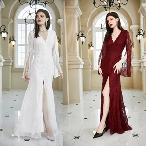 Elegantes vestidos de fiesta de encaje con cuello en V y manga larga abierta en blanco y vino