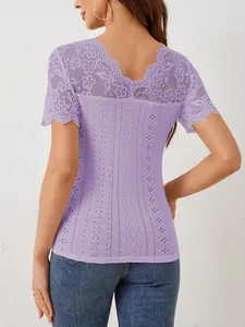 Detailed back view of purple lace patchwork slim-fit T-shirt with scalloped V-neck