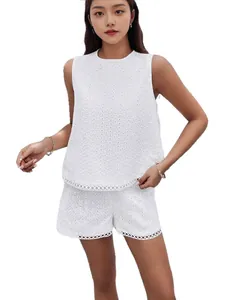 Elegant white eyelet embroidery two-piece summer set with sleeveless top and shorts