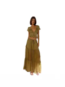 Set da spiaggia bohemian in due pezzi verde oliva con top in pizzo e gonna
