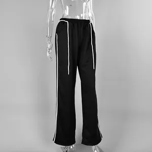 Pantalon de jogging noir à jambes larges avec bandes contrastées blanches et cordon