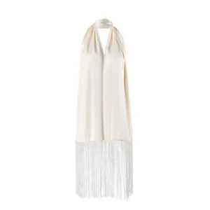 Elegant cream satin sash belt featuring long fringe tassels for luxury waist styling