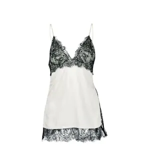 Elegant white satin camisole featuring black eyelash lace trim and delicate V-neck detail