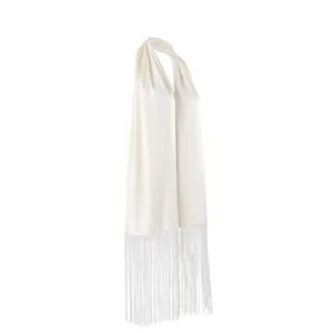Side view detail of an ivory satin waist belt with elegant long fringe decorations.