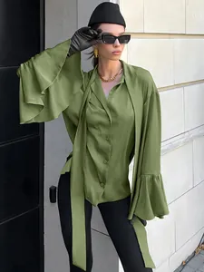 Elegant olive green satin shirt featuring a pussy-bow tie and ruffled flared sleeves.