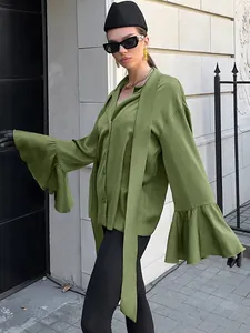 Elegant olive green satin blouse with pussy bow neck and stylish ruffle bell sleeves
