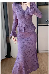 Elegant purple lace two-piece set with V-neck flare sleeve top and mermaid skirt.