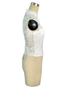 Detailed side profile of white lace patchwork slim fit sleeveless crop top for women