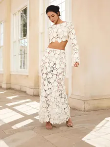 French Elegant White 3D Floral Lace Top And Bottom Two Piece Outfit For Women Backless Crop Top And Mermaid Maxi Skirt