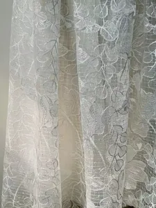 Macro view of high-quality white lace fabric with delicate leaf embroidery for summer dress