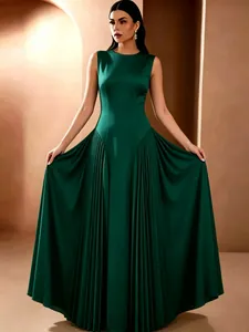 Elegante vestido largo plisado sin mangas verde oscuro para fiestas de noche o bodas