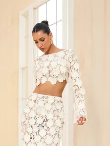 Elegant French 3D floral lace long sleeve crop top and matching skirt set in white for summer.