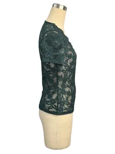 Detailed side view of an emerald green floral lace short sleeve slim-fit base shirt