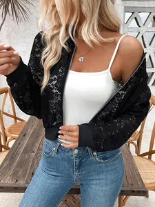Detailed view of black floral lace texture on a sheer zip-up bomber jacket for women