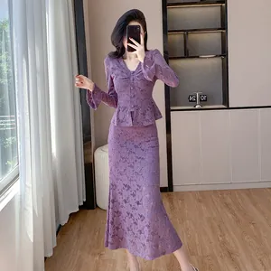 Women V Neck Flare Sleeve Lace Top And Fishtail Skirt Top And Bottom Elegant Korean Style Slim Fit Dating Outfit For Ladies