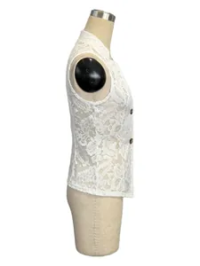 Side view of a white floral lace sleeveless vest with button detail on mannequin.