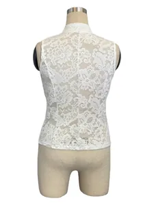 Elegant white floral lace sleeveless cardigan top with detailed hollow-out jacquard back view